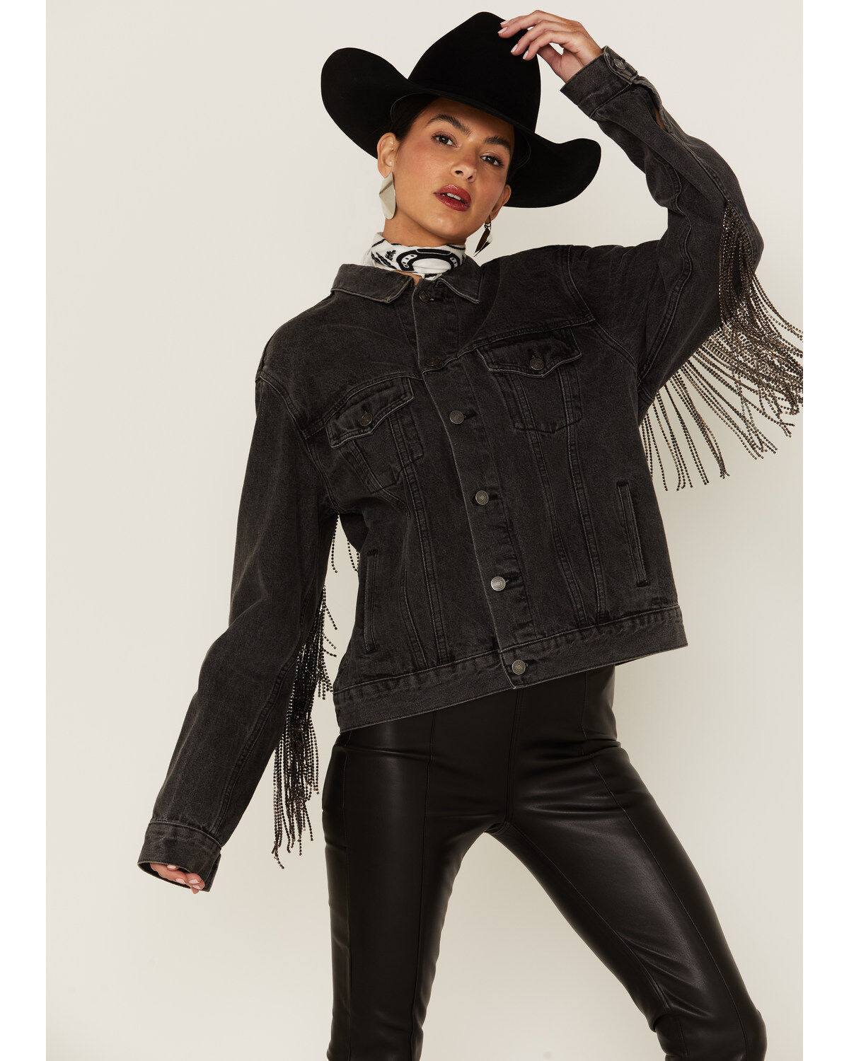 Image #2 - The Andy Jacket by DanielXDiamond: Women's Gray Denim Jacket With Gunmetal Fringe, Charcoal, hi-res