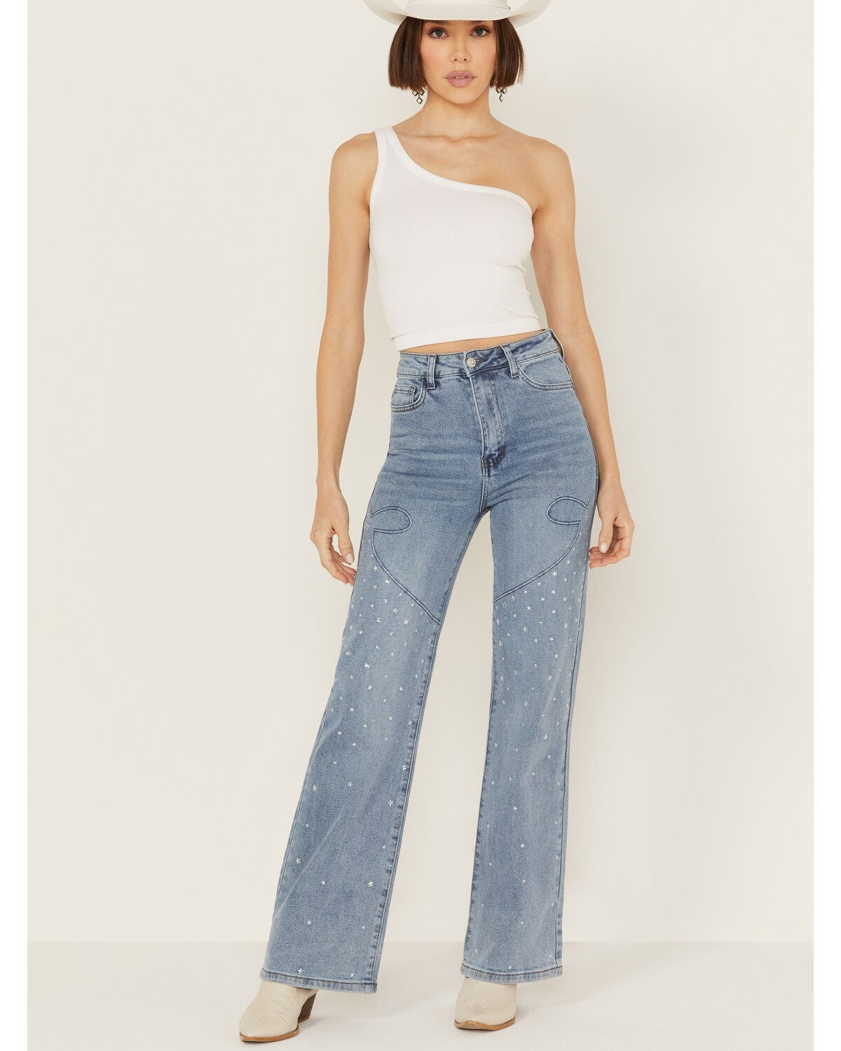 Vibrant Denim Women's Medium Wash High Rise Wide Leg Embellished Denim Jeans, Medium Wash, hi-res
