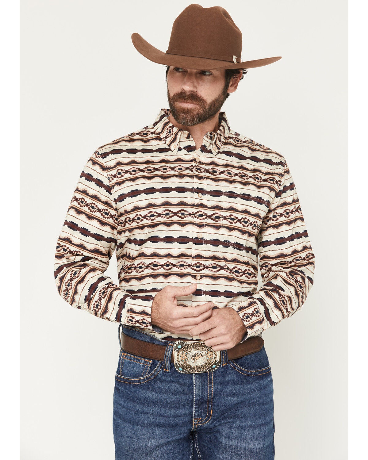 Image #1 - Cody James Men's Maverick Southwestern Print Long Sleeve Button-Down Stretch Western Shirt, Cream, hi-res