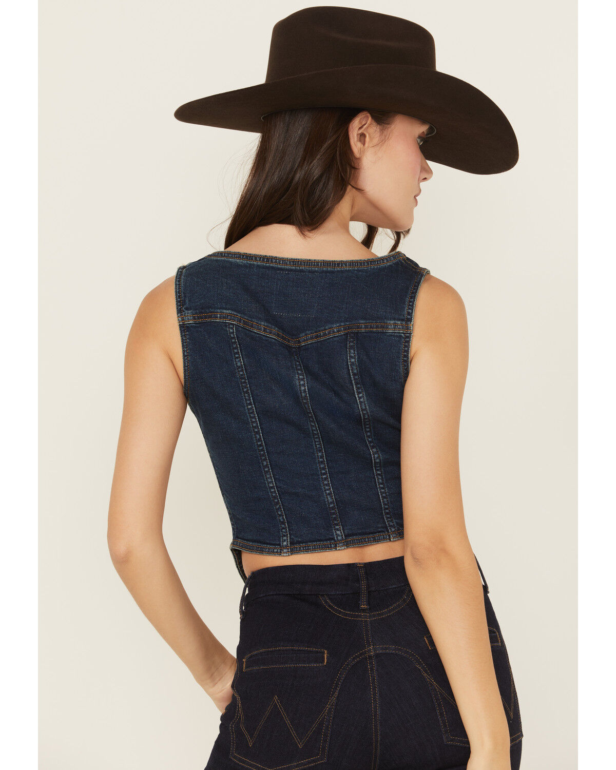Image #4 - Wrangler x Lainey Wilson Women's Pony Up Button-Down Bustier Denim Top, Dark Wash, hi-res