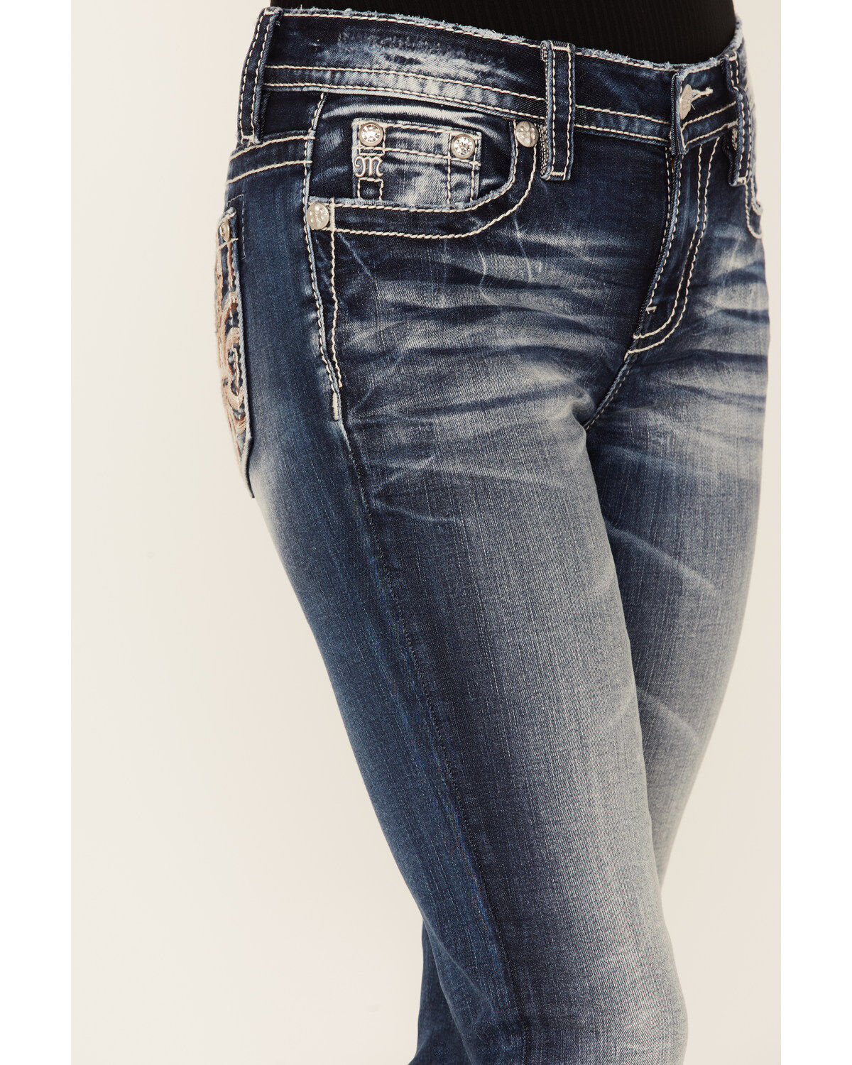 Image #4 - Miss Me Women's Medium Wash Mid Rise Embroidered Sequin Bootcut Stretch Denim Jeans, , hi-res