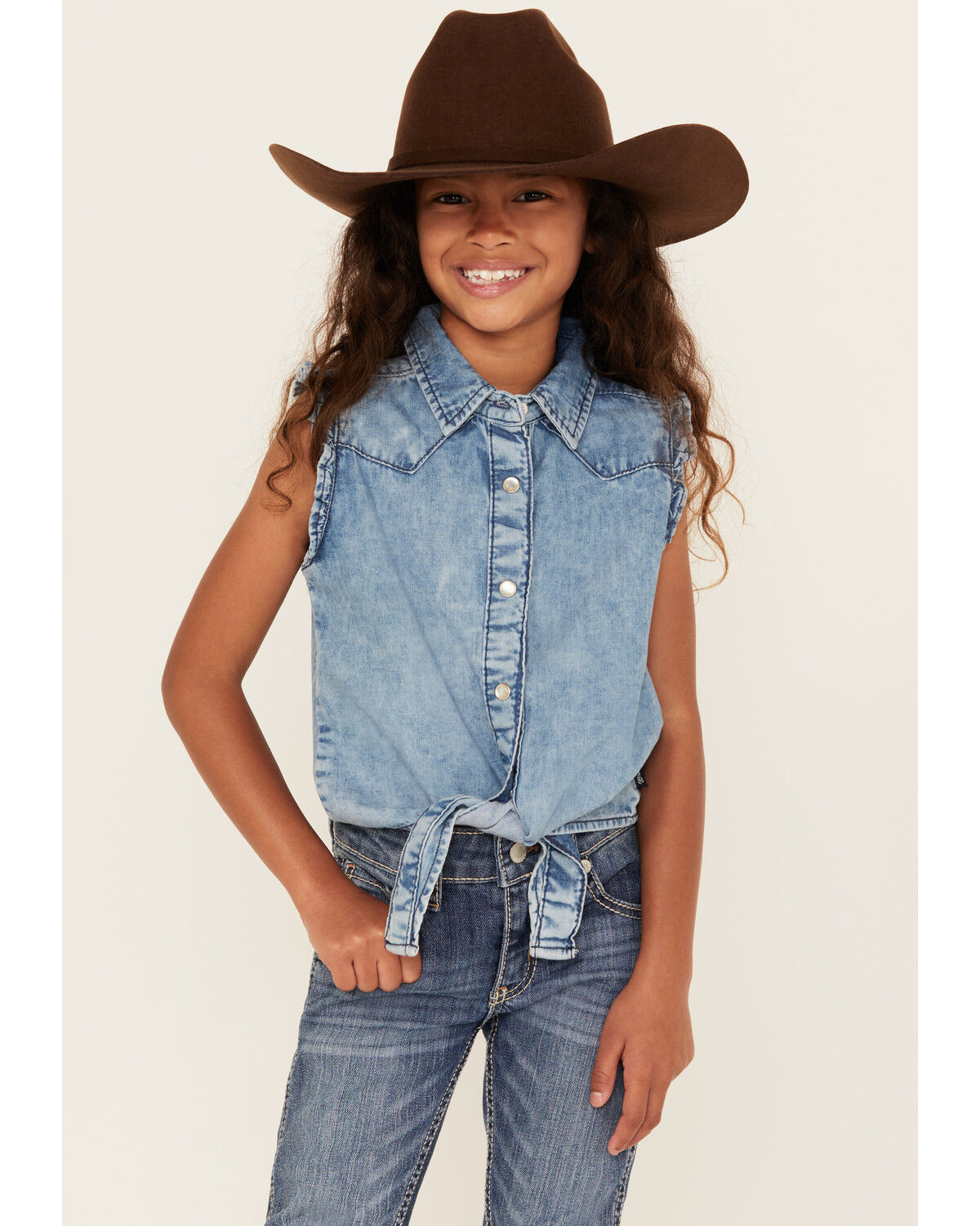 Image #1 - Wrangler Girls' Tie Front Sleeveless Pearl Snap Denim Shirt, Blue, hi-res