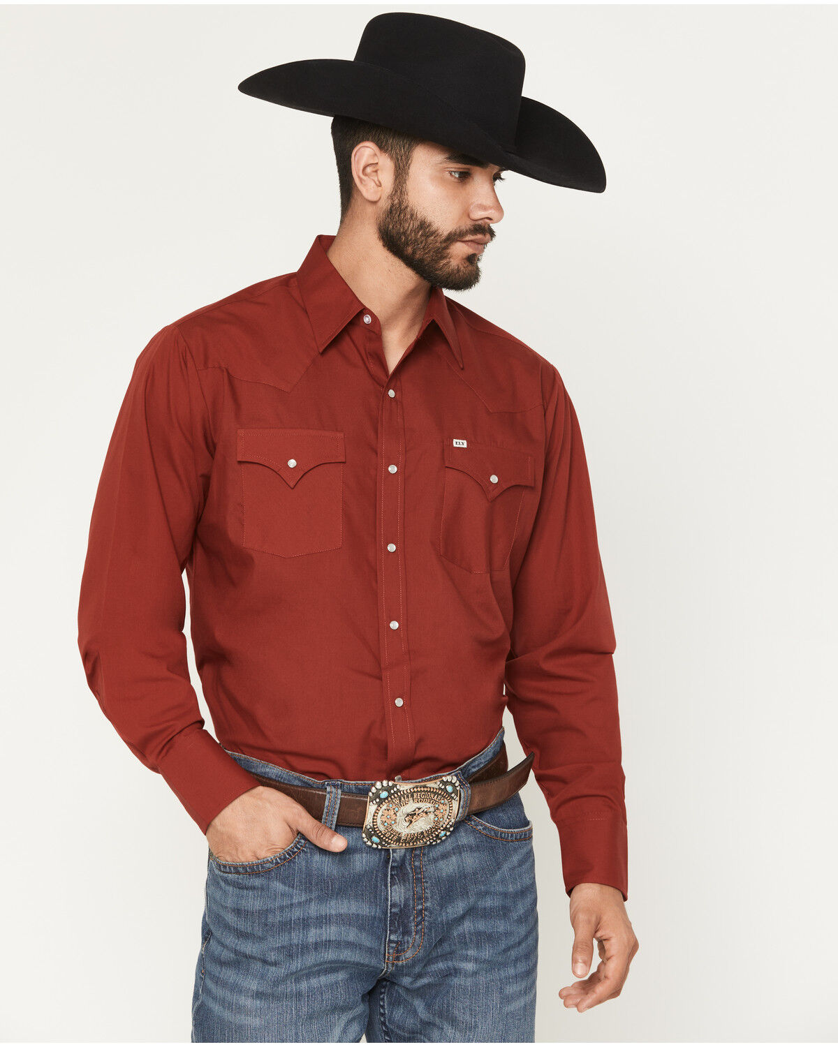 Image #1 - Ely Walker Men's Solid Long Sleeve Snap Stretch Western Shirt, Red, hi-res