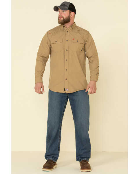 Ariat Men's Khaki FR Solid Featherlight Long Sleeve Work Shirt - Tall , Beige/khaki, hi-res