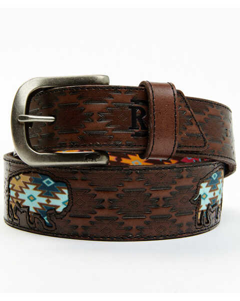 Red Dirt Hat Co. Men's Southwestern Print Buffalo Inlay Tooled Leather Belt, Brown, hi-res