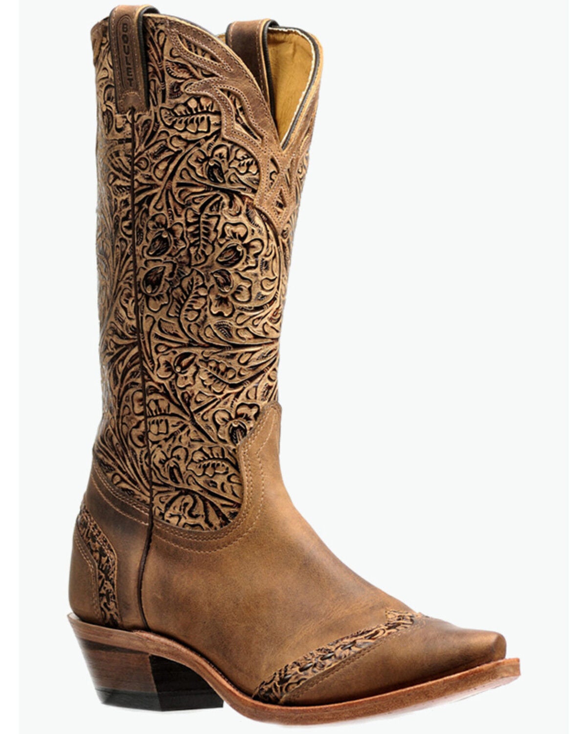 Image #1 - Boulet Women's Tooled Western Boots - Snip Toe, Tan, hi-res