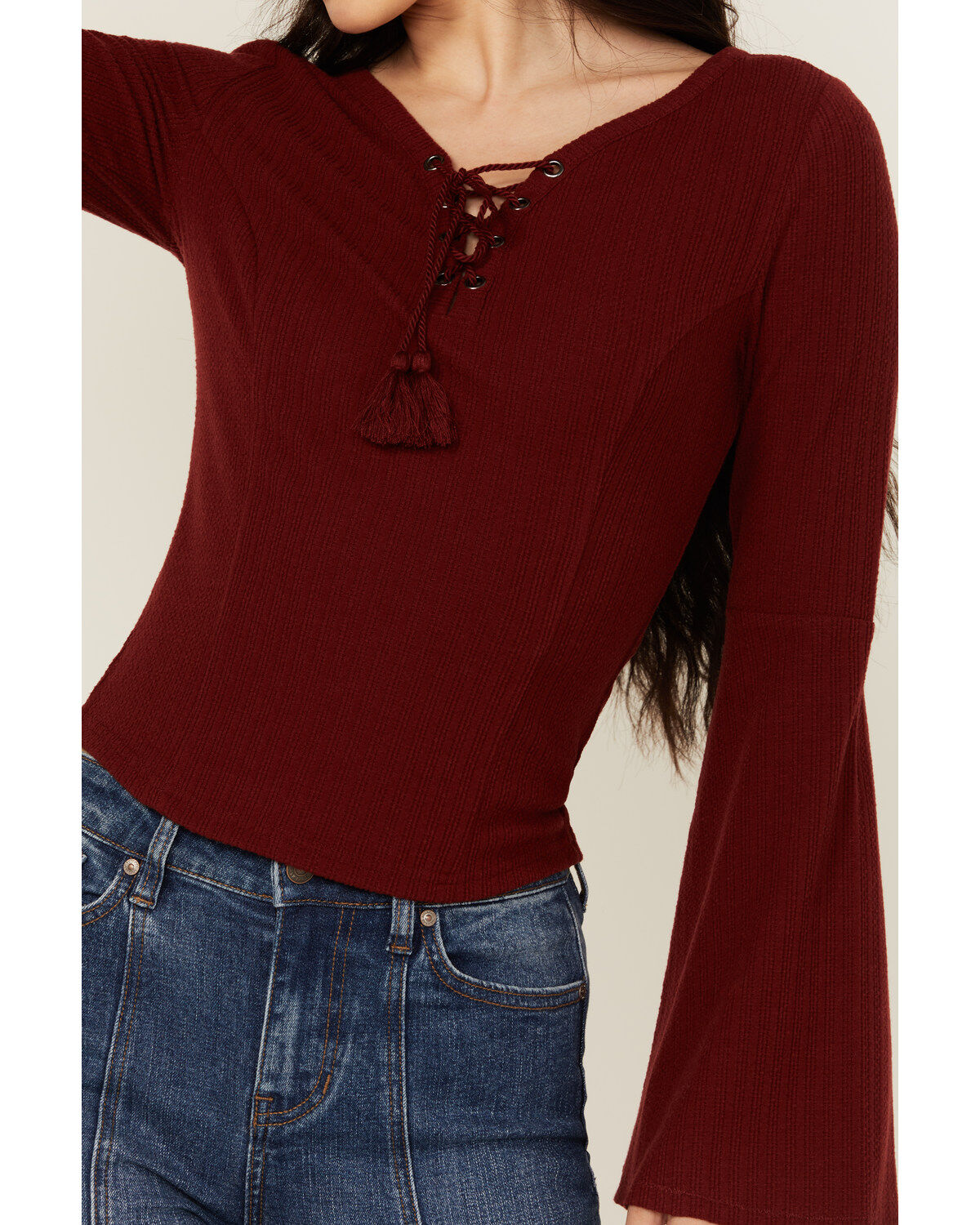 Image #3 - Shyanne Women's Solid Lace-Up Long Sleeve Shirt, Maroon, hi-res