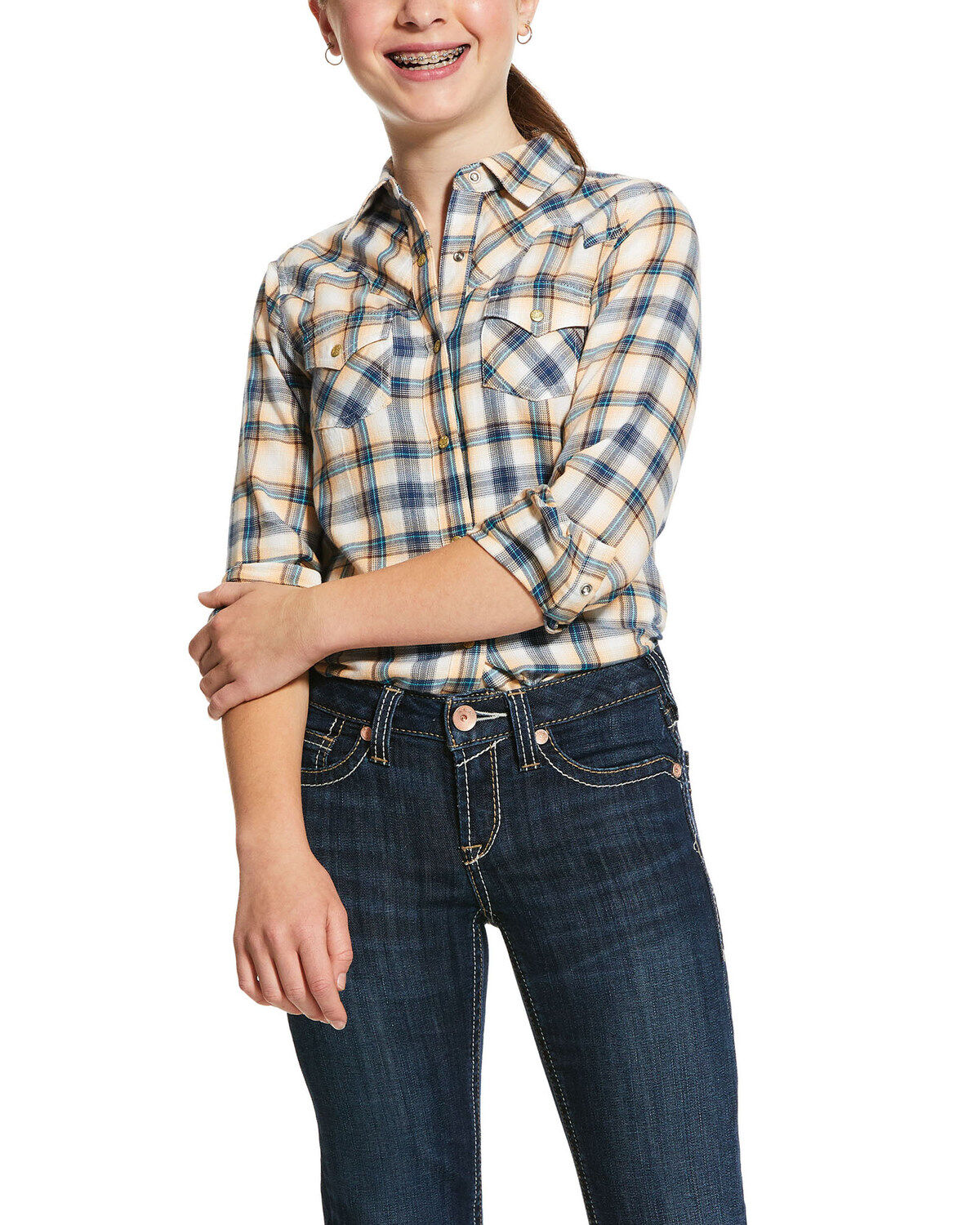 Image #1 - Ariat Girls' Pastel Plaid Print Long Sleeve Western Shirt, , hi-res