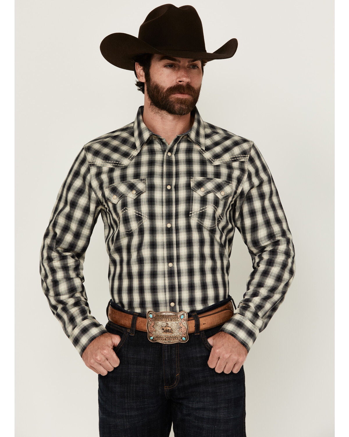 Cody James Men's Rey Plaid Print Long Sleeve Snap Western Shirt, Cream, hi-res