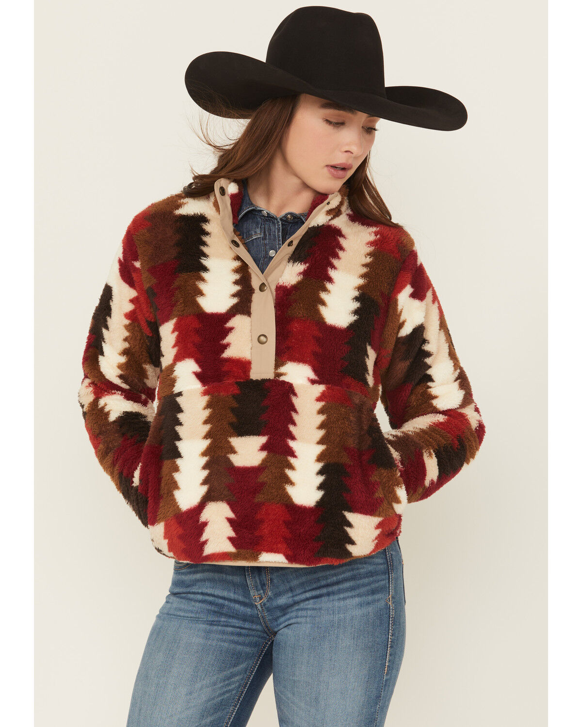 Ariat Women's Triangle Print Berber Pullover, Burgundy, hi-res