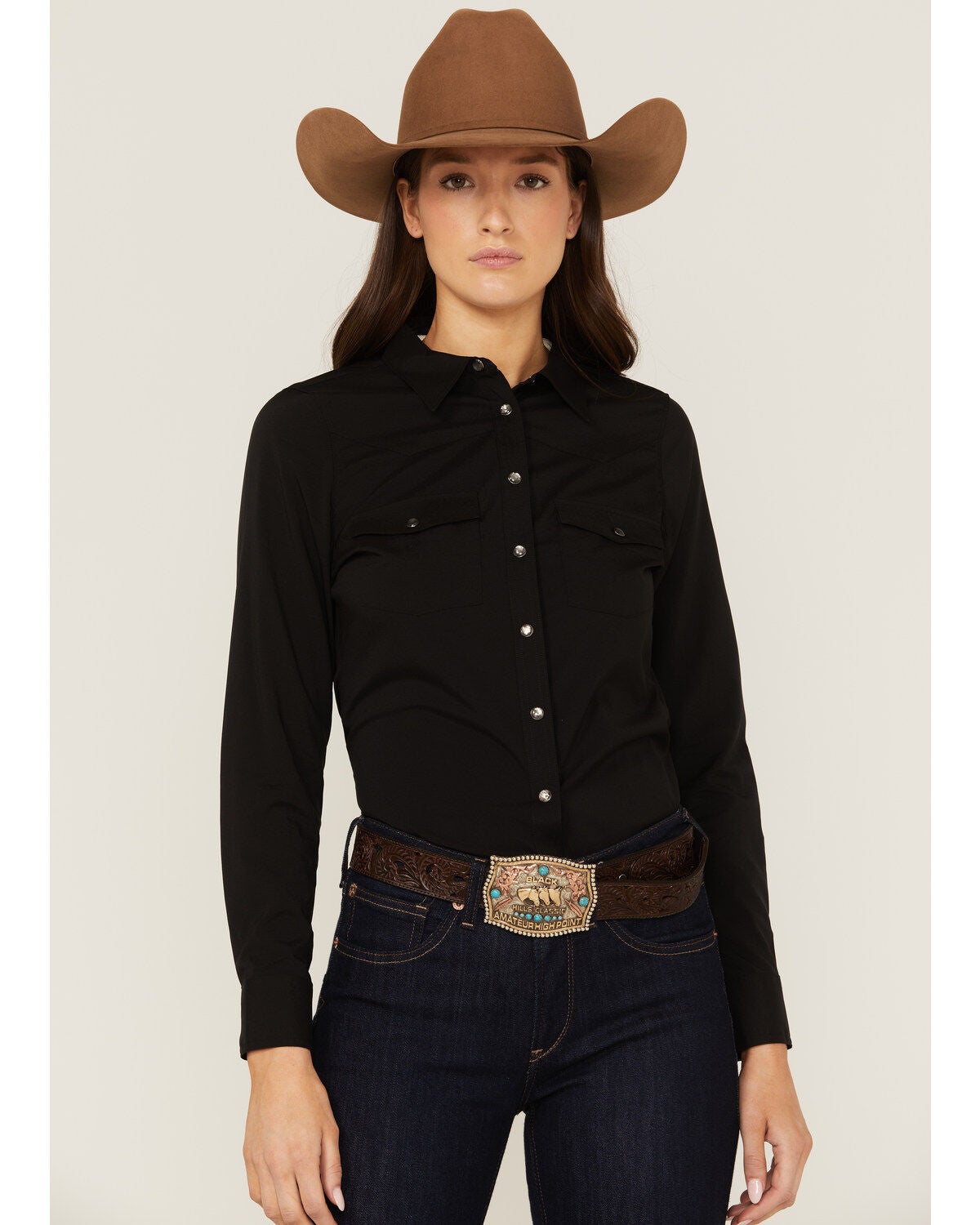 RANK 45&reg; Women's Outdoor Vented York Riding Long Sleeve Snap Western Shirt, Black, hi-res