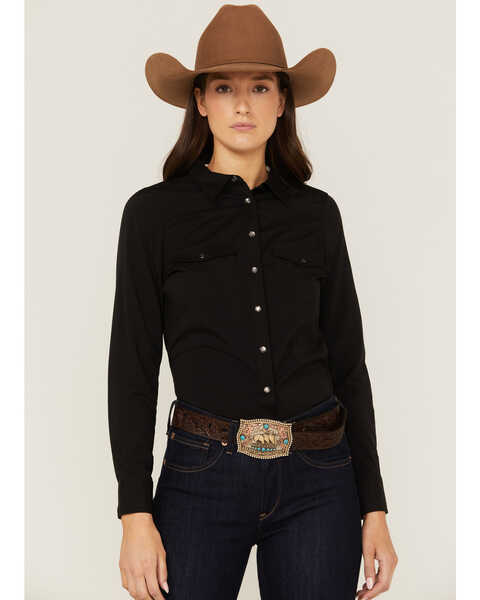 RANK 45® Women's Outdoor Vented York Riding Long Sleeve Snap Western Shirt, Black, hi-res