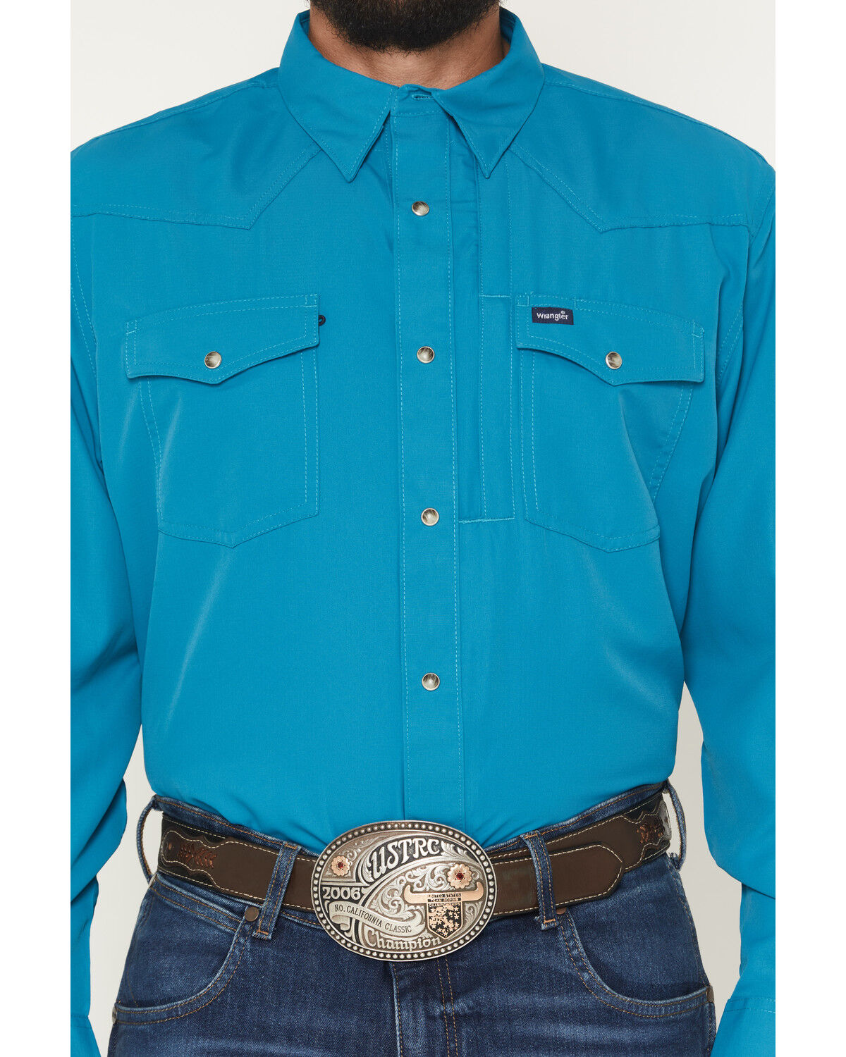 Image #3 - Wrangler Men's Solid Long Sleeve Snap Performance Western Shirt, Teal, hi-res