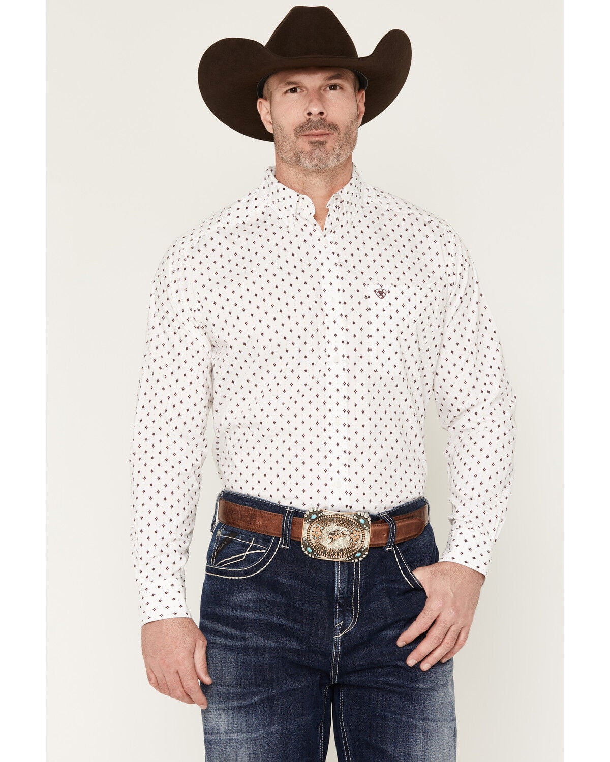 Ariat Men's Campbell Geo Print Long Sleeve Button-Down Western Shirt, White, hi-res