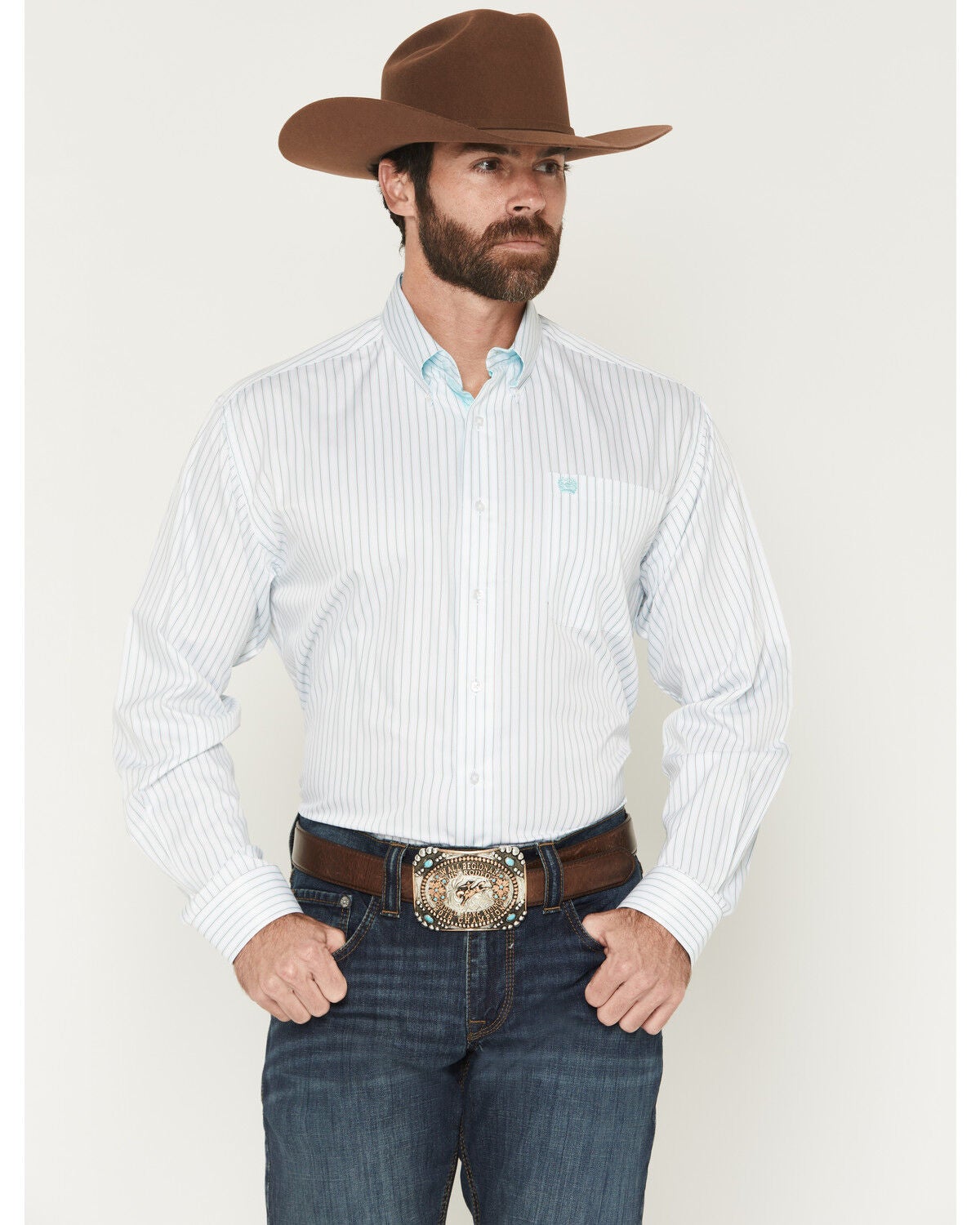 Cinch Men's Stripe Print Tencel Long Sleeve Button-Down Western Shirt, White, hi-res