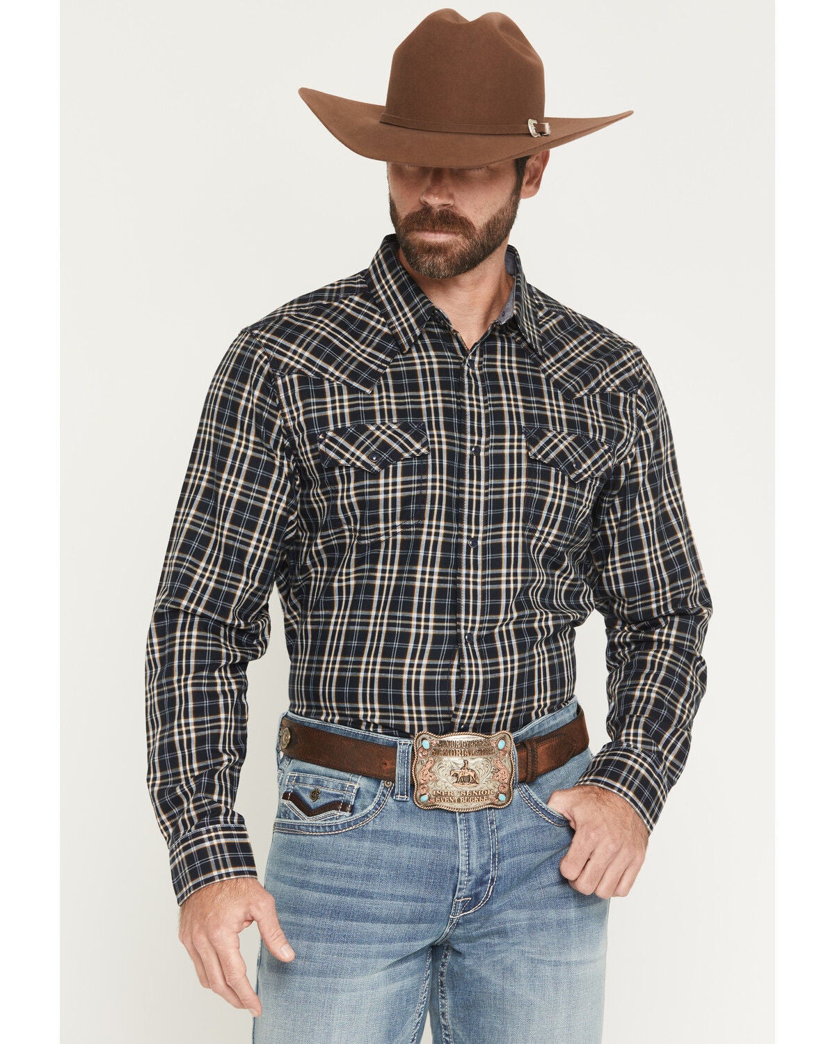 Cody James Men's Warriors Way Plaid Print Long Sleeve Snap Western Shirt, Dark Blue, hi-res