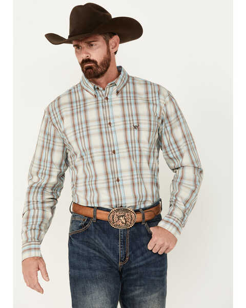 Cowboy Hardware Men's Dutton Plaid Print Long Sleeve Button-Down Western Shirt, Cream, hi-res