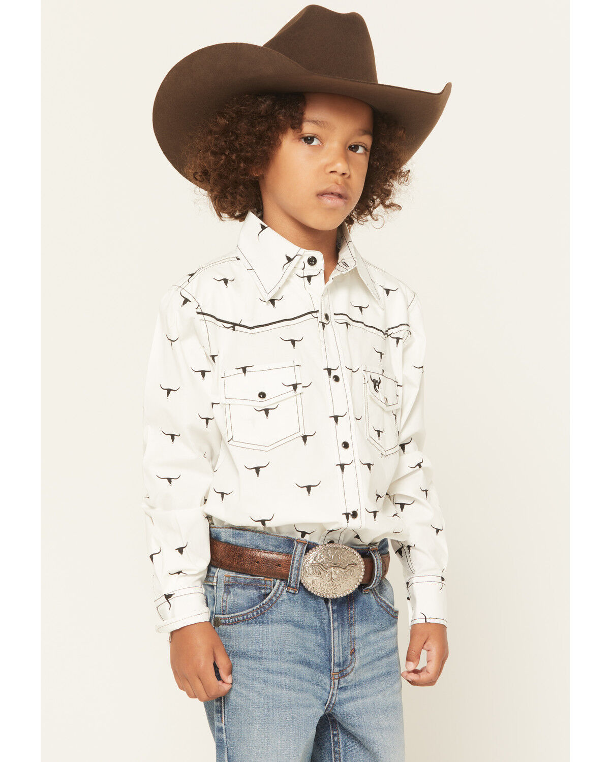 Image #1 - Cowboy Hardware Boys' Skull Scatter Long Sleeve Snap Stretch Western Shirt, White, hi-res