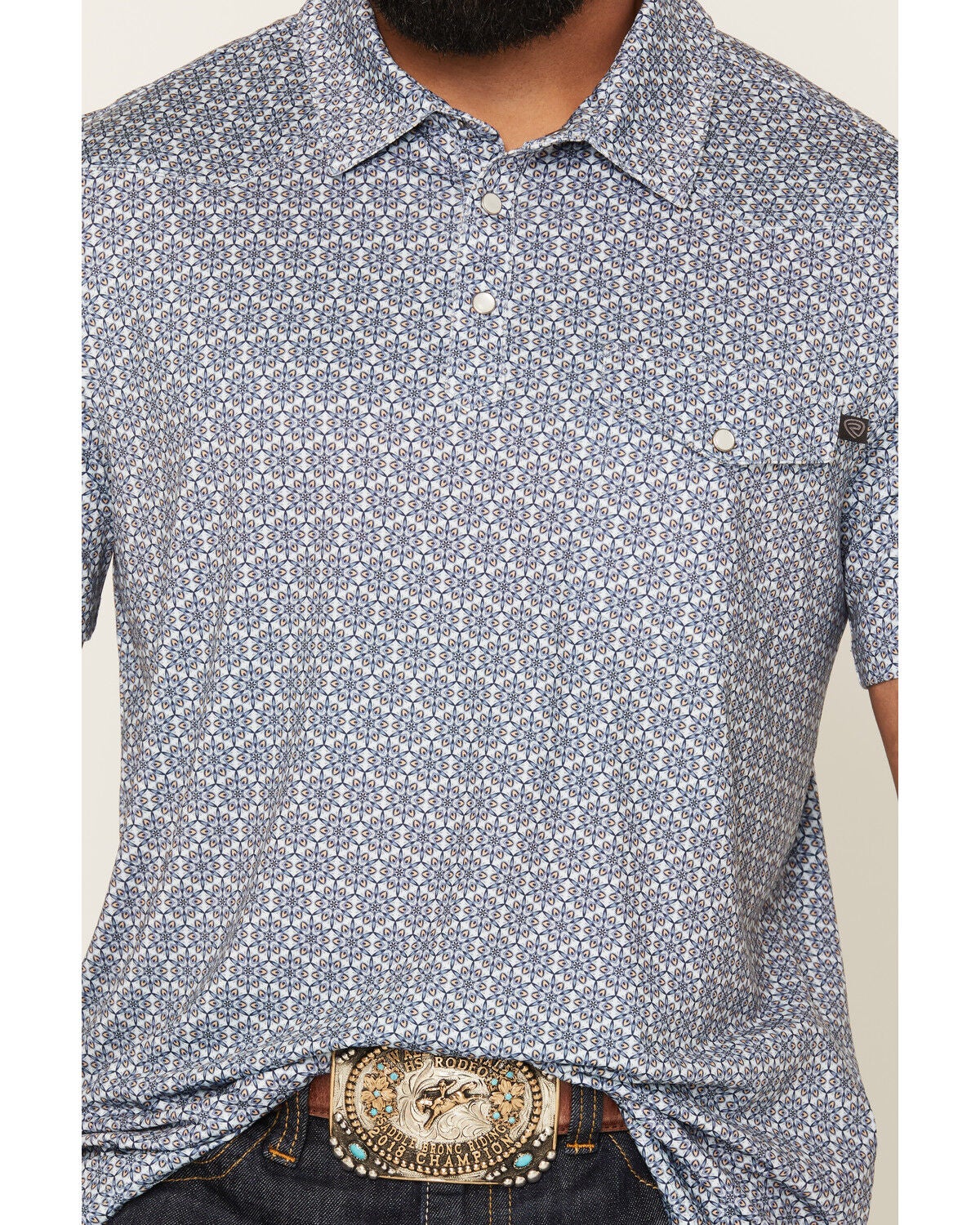 Image #3 - Rock & Roll Denim Men's Medallion Print Short Sleeve Snap Polo, Turquoise, hi-res