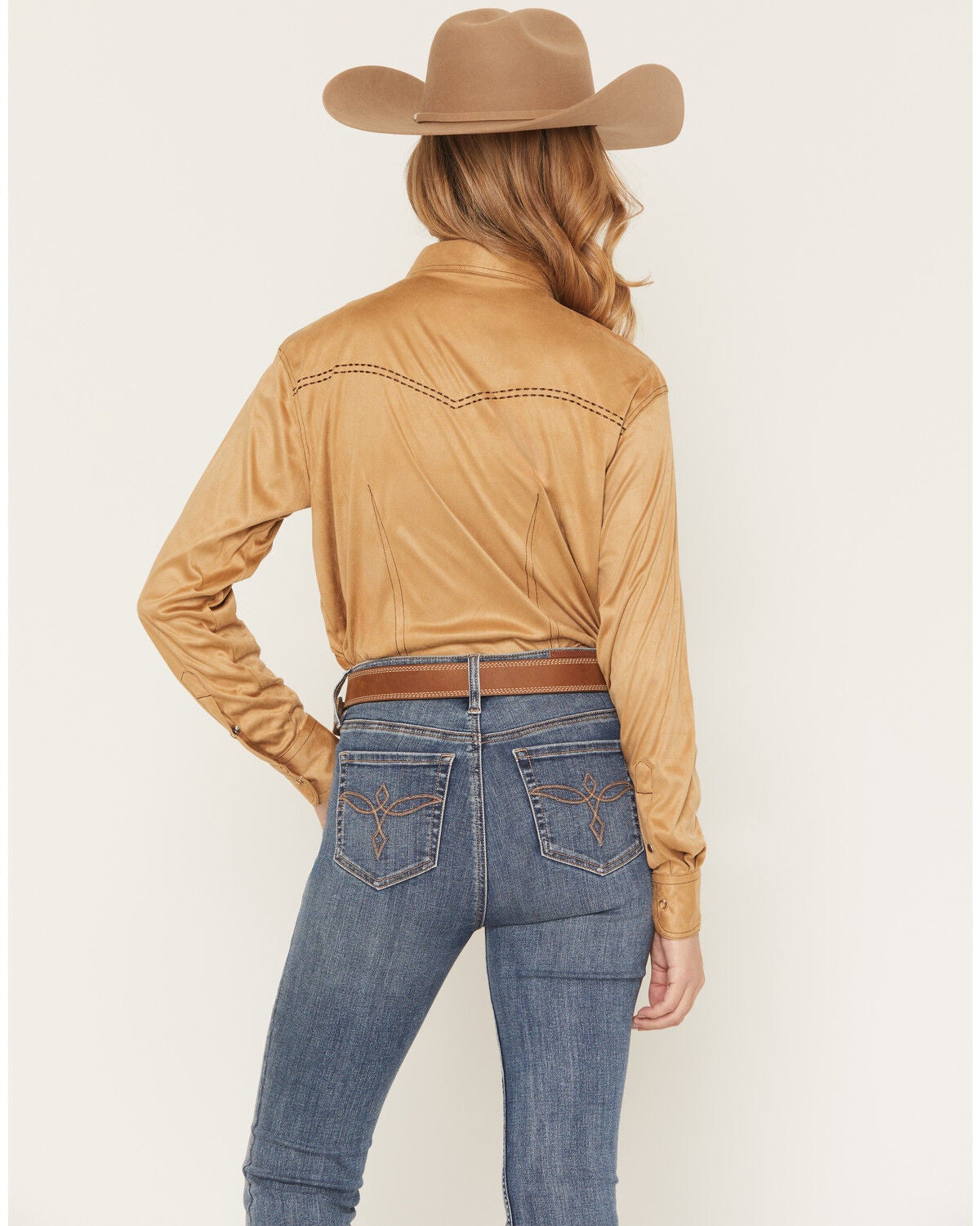 Image #4 - Cowgirl Hardware Women's Faux Suede Long Sleeve Snap Stretch Western Shirt, Tan, hi-res