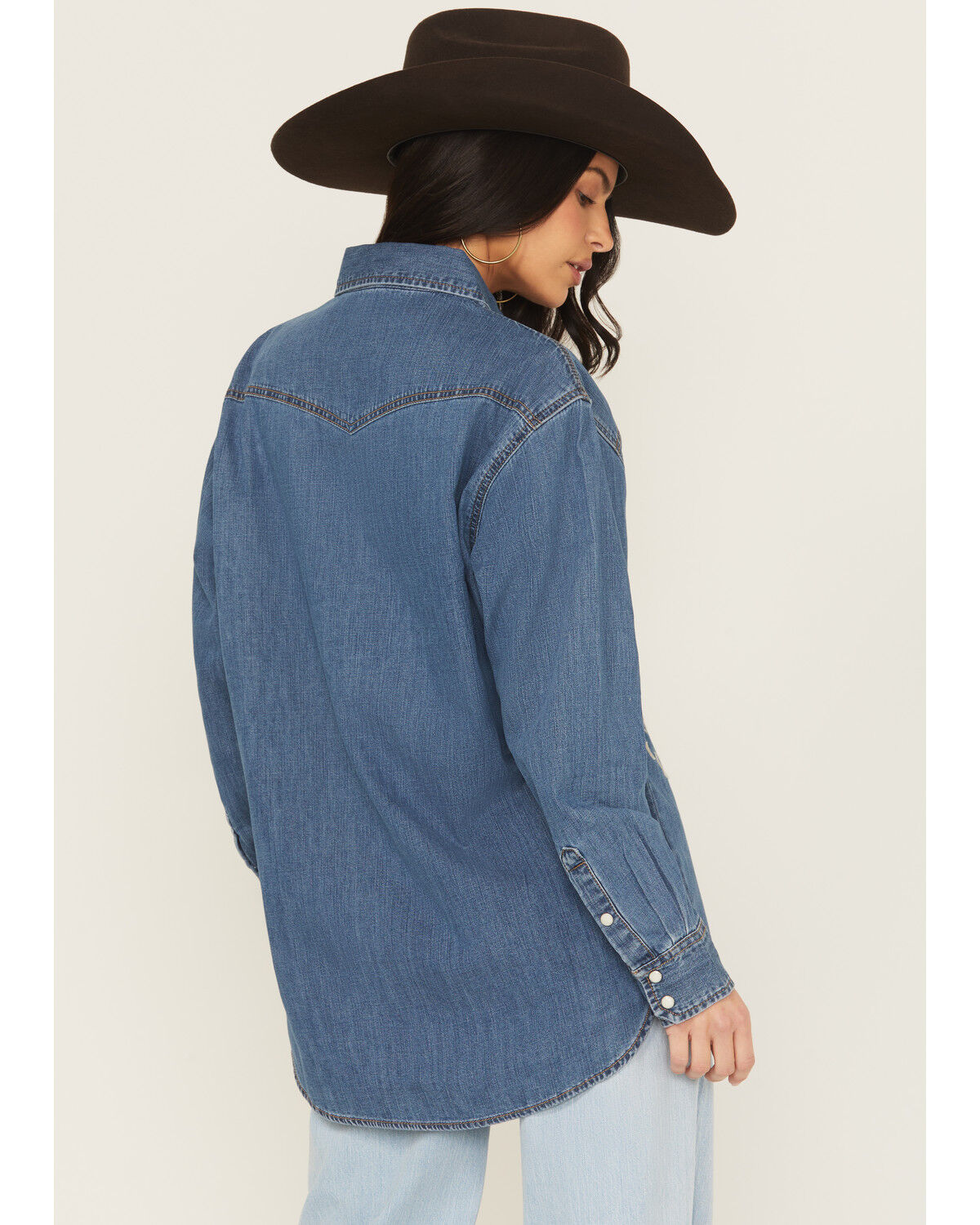 Image #4 - Wrangler Retro Women's Medium Wash Horse Embroidered Long Sleeve Snap Denim Shirt, Blue, hi-res