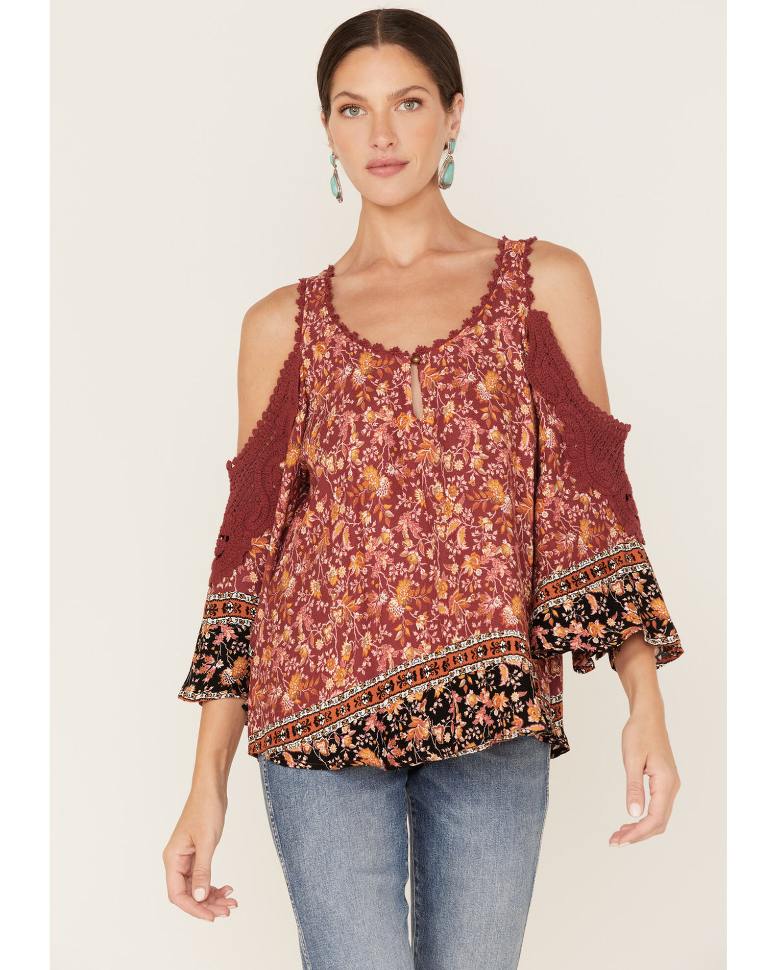 Wild Moss Women s Floral Print Cold Shoulder Top