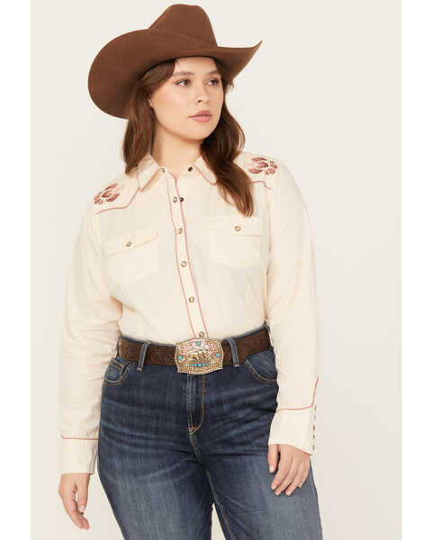 Ariat Women's R.E.A.L. Georgia Embroidered Long Sleeve Snap Western Shirt - Plus, Ivory, hi-res