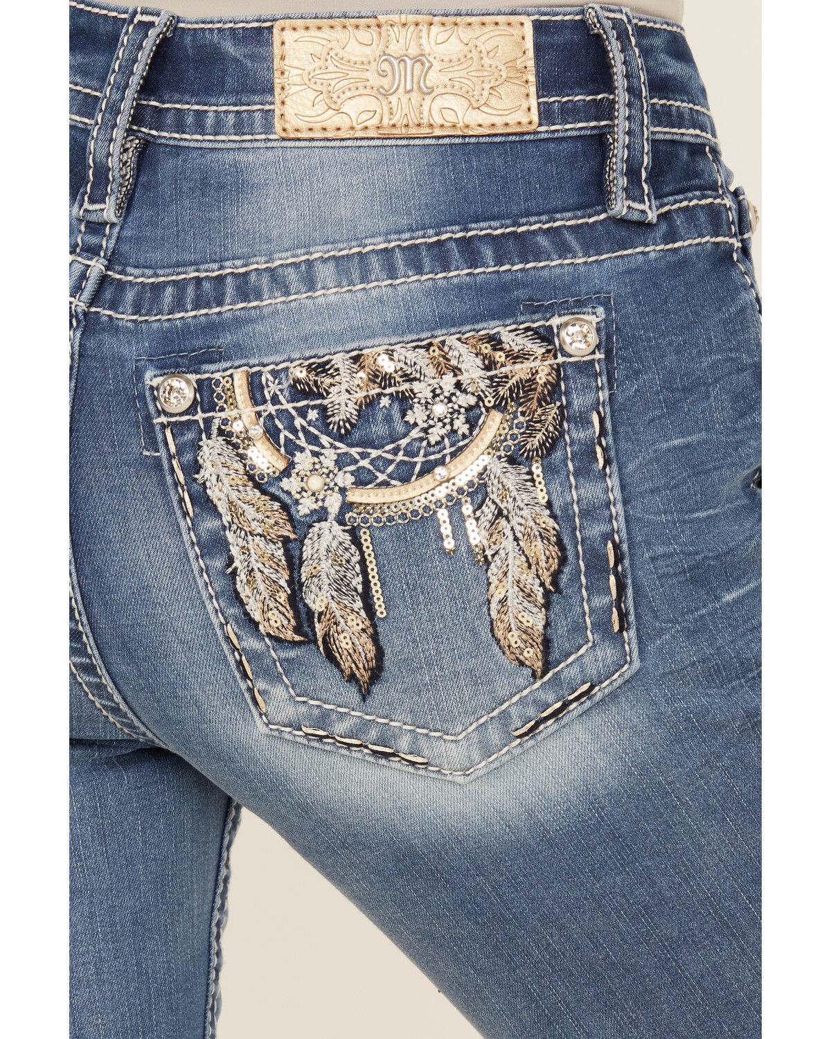 Image #2 - Miss Me Women's Dark Wash Mid Rise Dream Catcher Pocket 32" Bootcut Stretch Denim Jeans, Dark Wash, hi-res