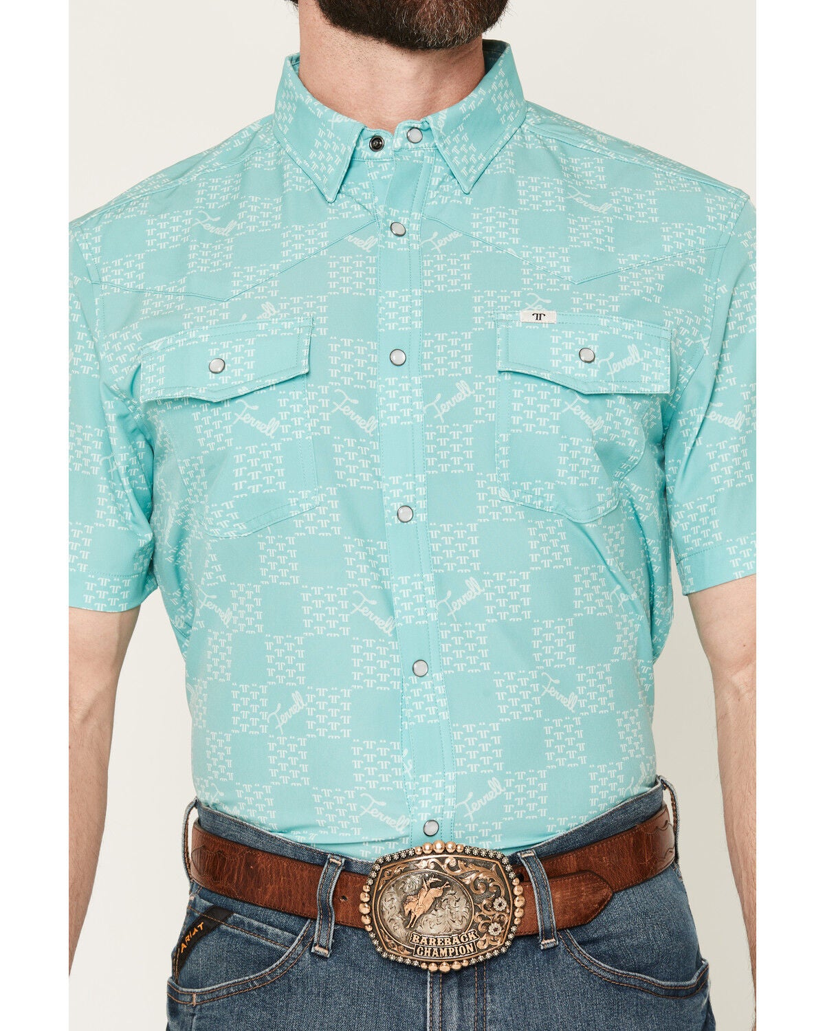 Image #3 - Ferrell Men's Flynn Checkered Logo Print Short Sleeve Snap Stretch Western Shirt, Mint, hi-res