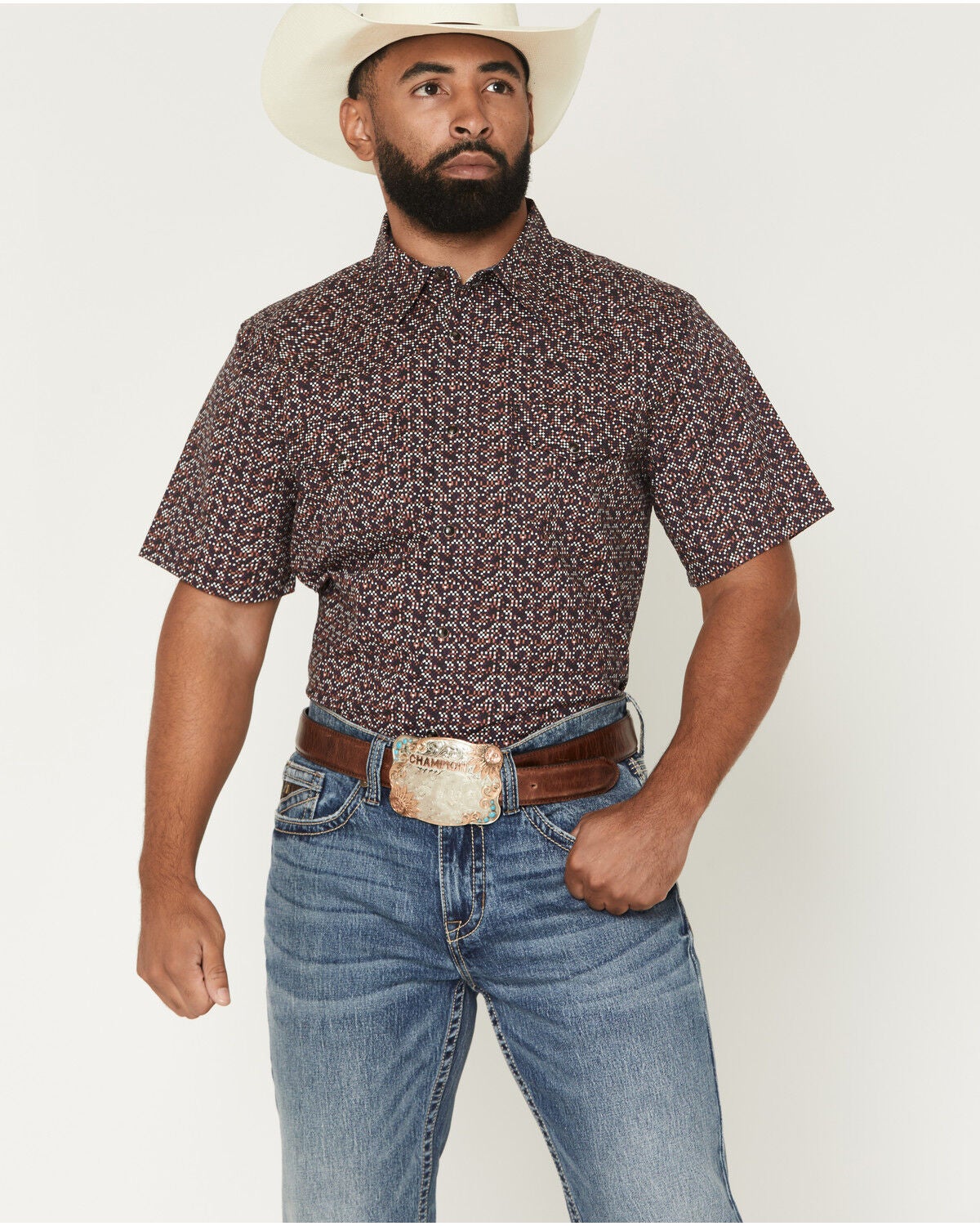 Image #1 - RANK 45&reg; Men's Arena Confetti Geo Print Short Sleeve Snap Stretch Western Shirt, Multi, hi-res