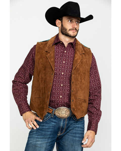 Scully Leatherwear Men's Southwestern Knit Back Suede Vest , Brown, hi-res