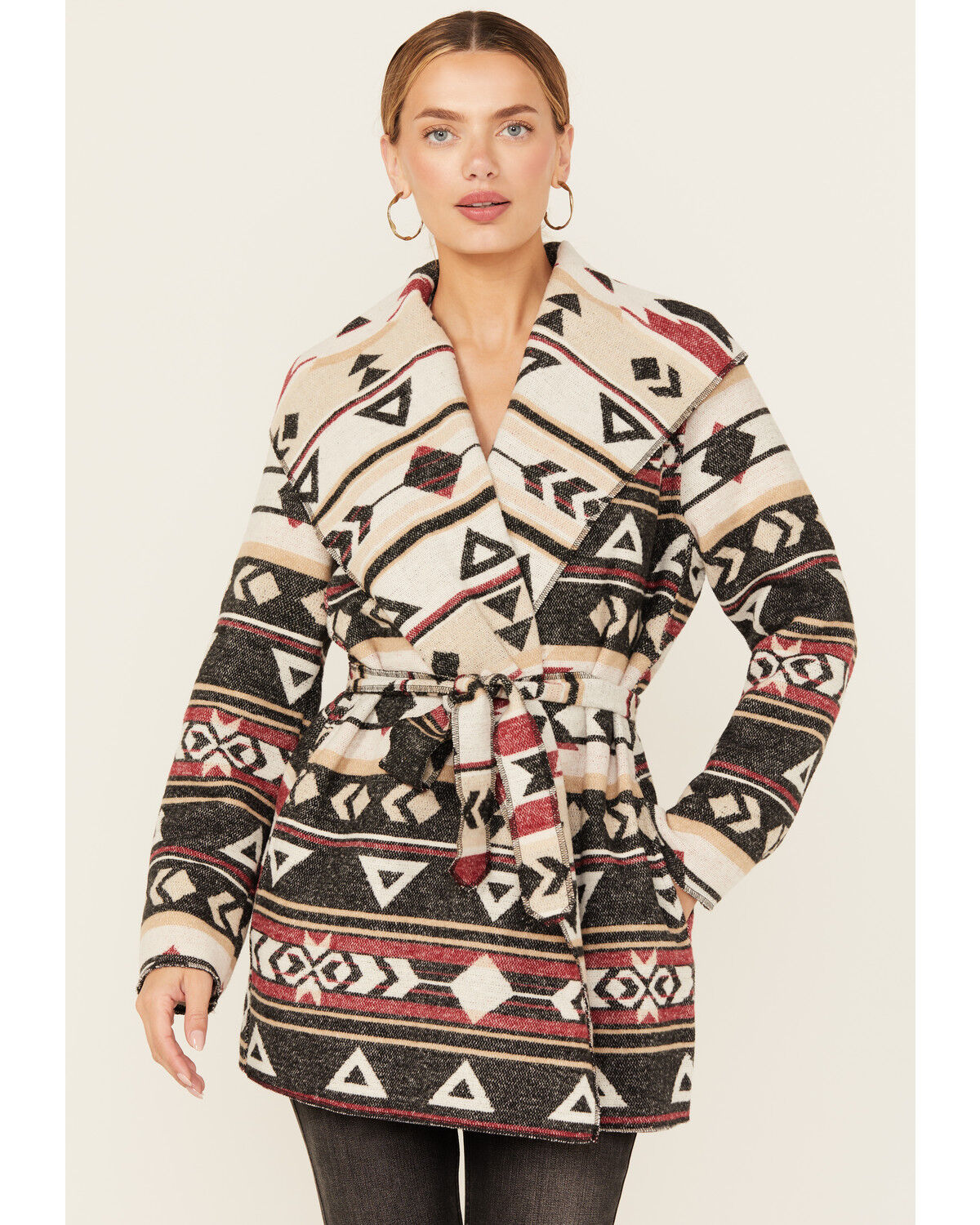 Image #1 - Cripple Creek Women's Southwestern Wrap Hooded Cardigan, Black, hi-res