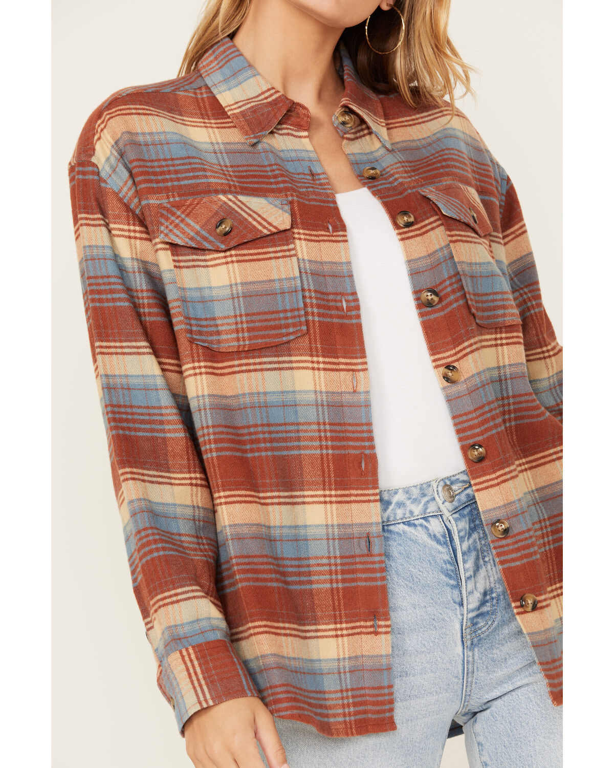 Image #3 - Cleo + Wolf Women's Long Sleeve Button-Down Flannel Boyfriend Shirt, Rust Copper, hi-res