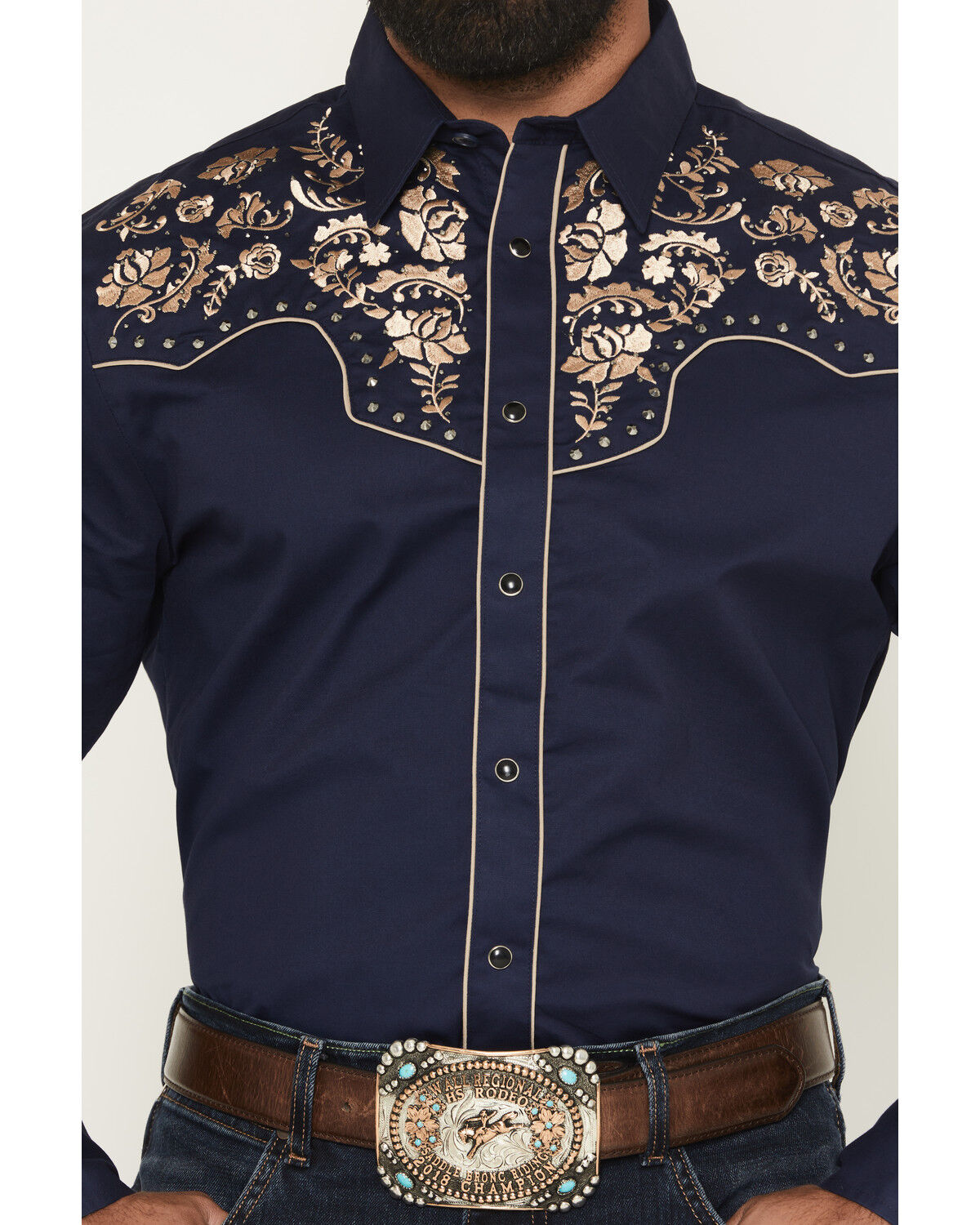 Image #3 - Rodeo Clothing Men's Embroidered Embellished Long Sleeve Snap Western Shirt, Navy, hi-res