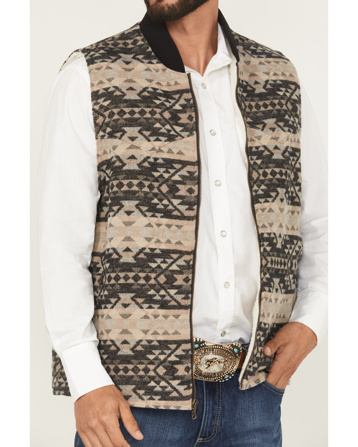 Image #3 - Wrangler Men's Southwestern Print Sherpa Lined Zip Vest, Tan, hi-res