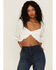 Lush Women's Long Sleeve Smocked Tie Front Blouse, Off White, hi-res