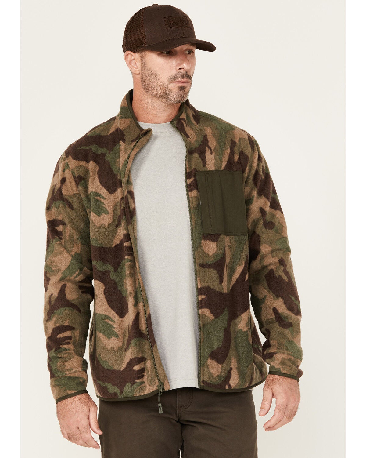 Lucky Brand Workwear Men's Camo Print Polar Fleece Jacket, Olive, hi-res
