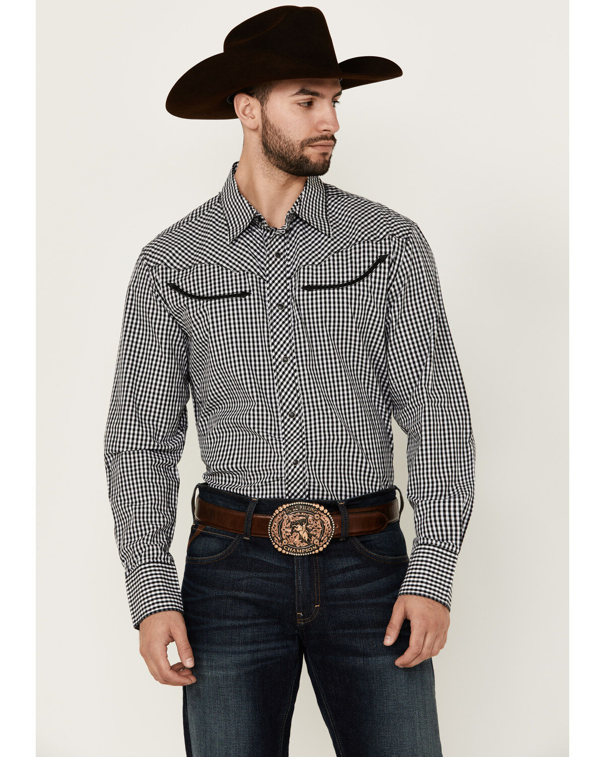Image #1 - Wrangler Men's Rodeo Checkered Print Long Sleeve Snap Western Shirt, Black, hi-res