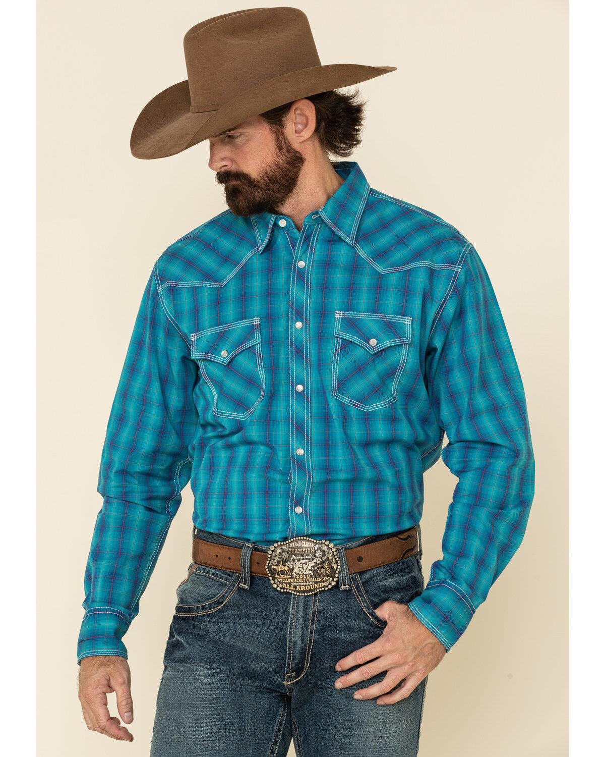 Image #1 - Wrangler 20X Men's Advanced Comfort Plaid Print Long Sleeve Western Shirt, , hi-res