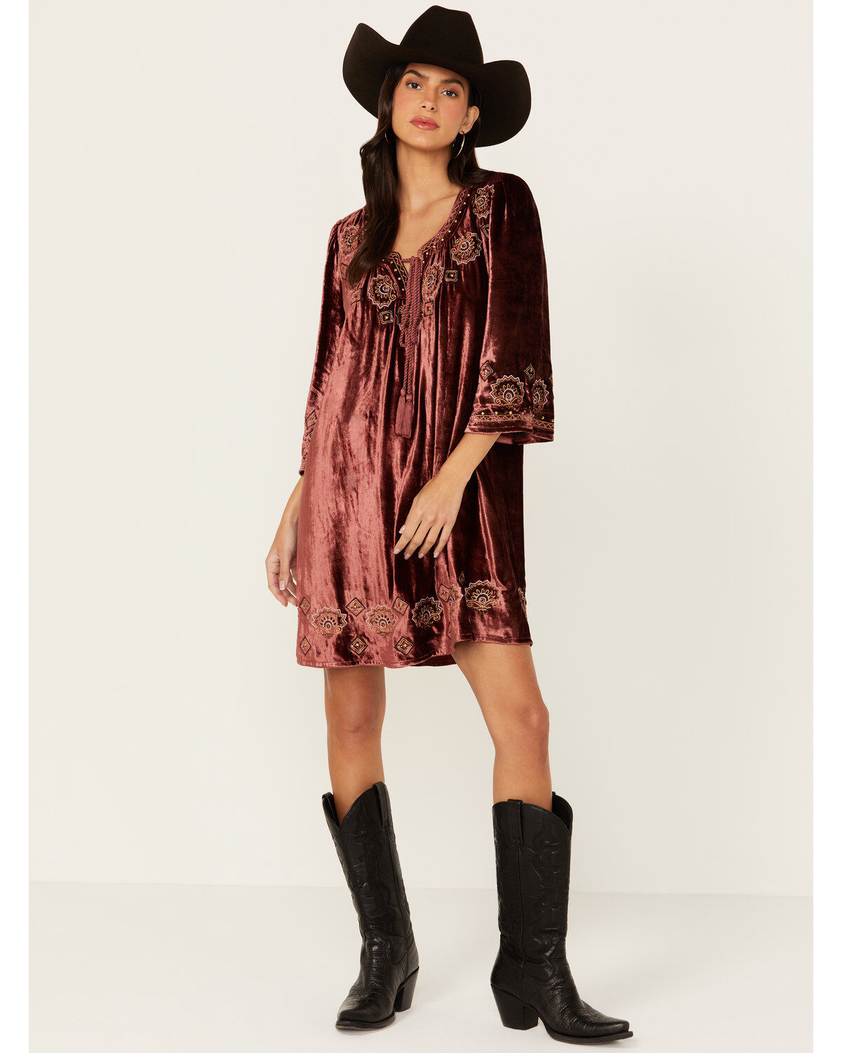 Image #1 - Shyanne Women's Velvet Beaded Mini Dress, Dark Red, hi-res