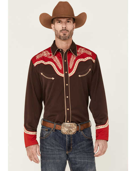 Scully Men's Boot Stitch Embroidered Chocolate & Red Long Sleeve Snap Western Shirt , Brown, hi-res
