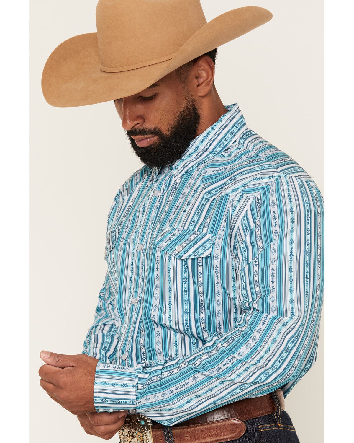 Image #2 - Panhandle Slim Men's Southwestern Striped Long Sleeve Pearl Snap Performance Stretch Western Shirt, Teal, hi-res