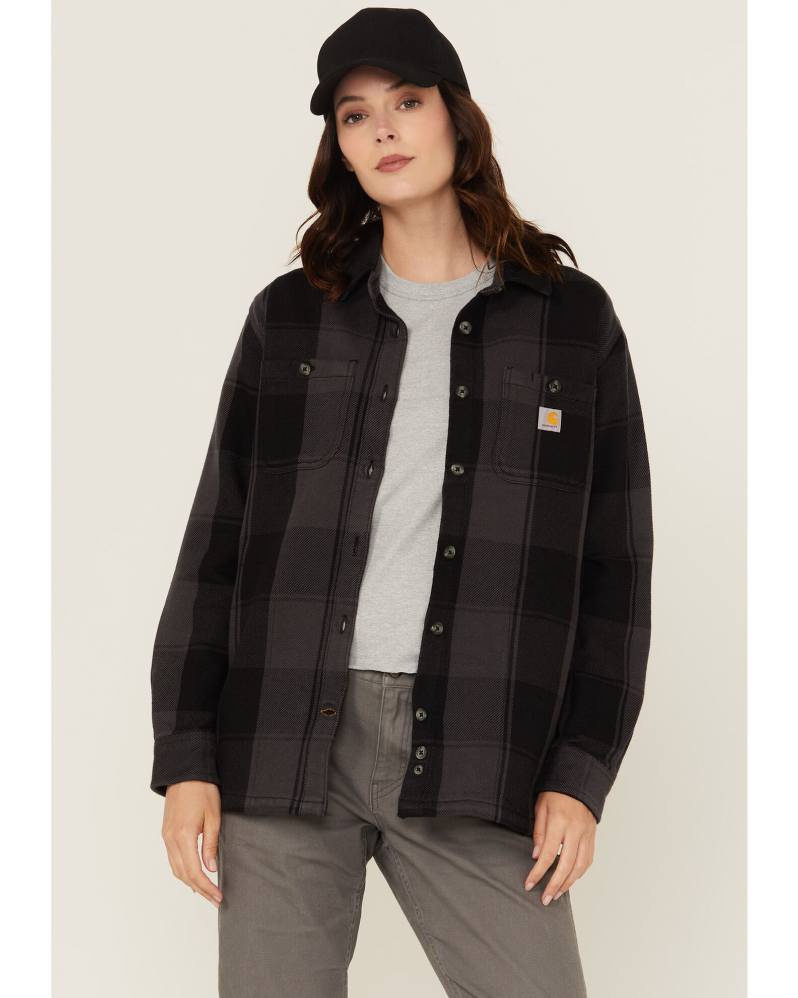 Image #1 - Carhartt Women's Rugged Flex® Loose Fit Heavyweight Duck Long Sleeve Button-Down Shacket, Black, hi-res