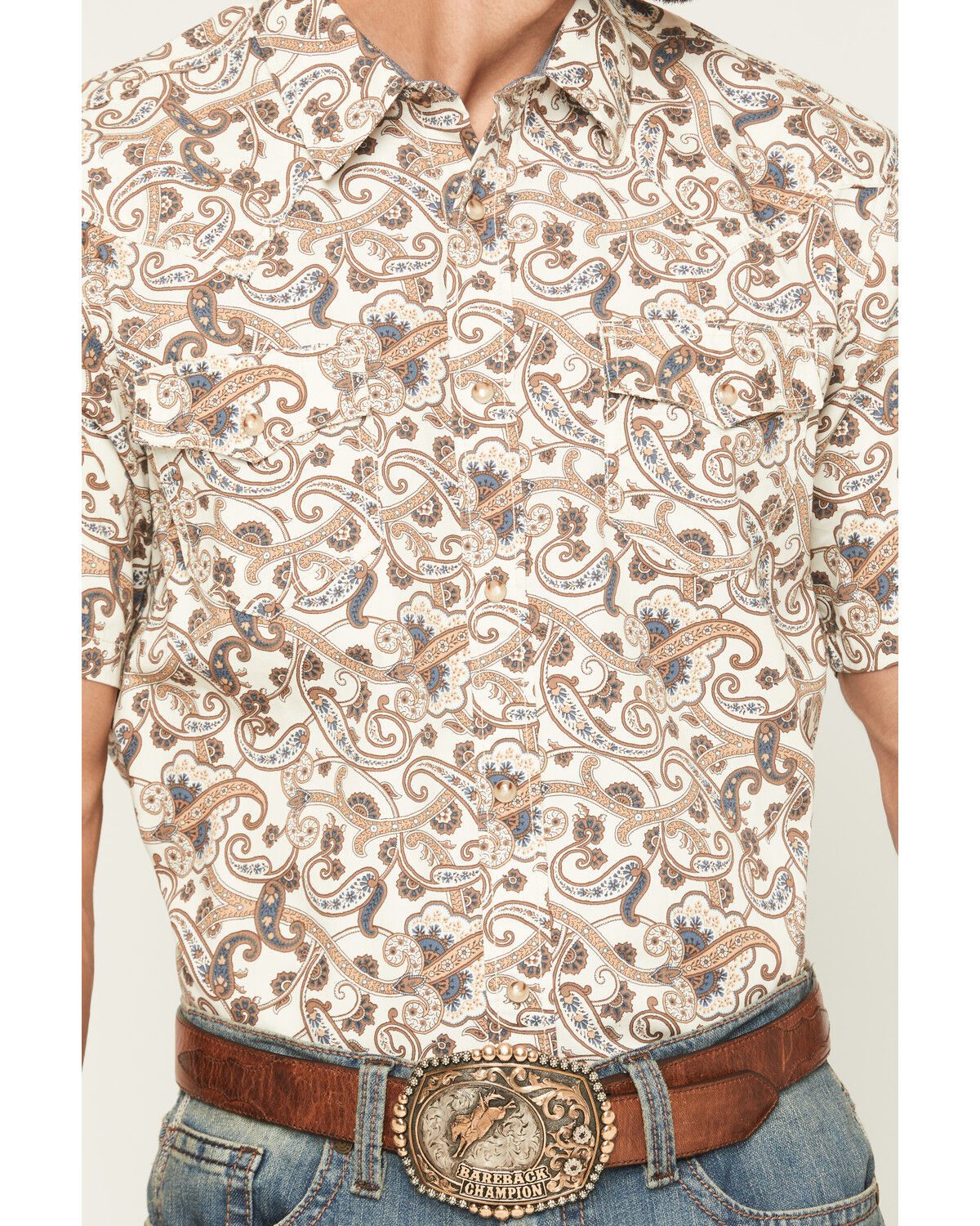Image #3 - Cody James Men's Carlsbad Paisley Print Short Sleeve Snap Western Shirt, Cream, hi-res