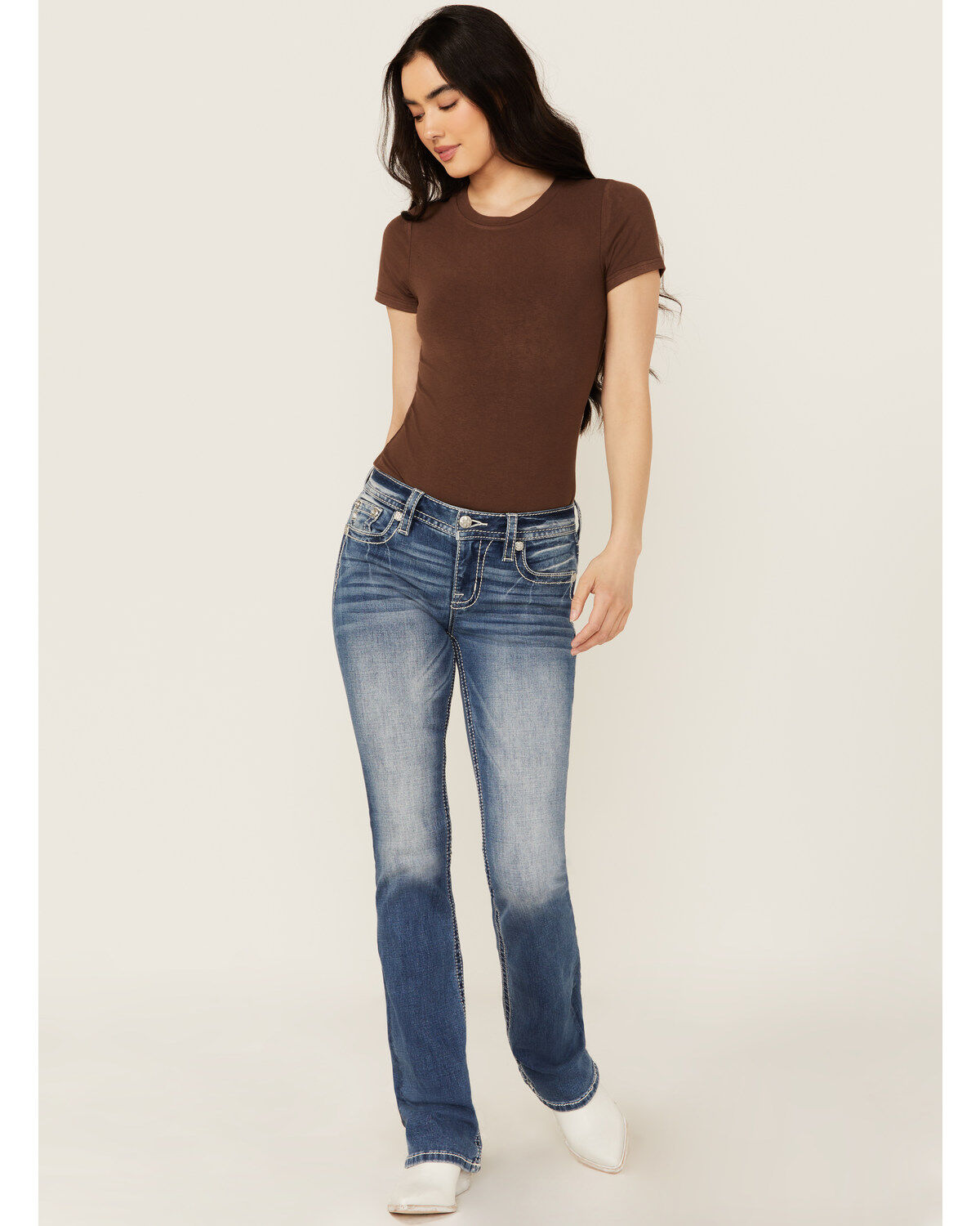 Product Name:  Miss Me Women's Medium Wash Floral Border Pocket Bootcut Stretch Denim Jeans