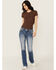 Image #3 - Miss Me Women's Medium Wash Floral Border Pocket 34" Bootcut Stretch Denim Jeans, Medium Wash, hi-res