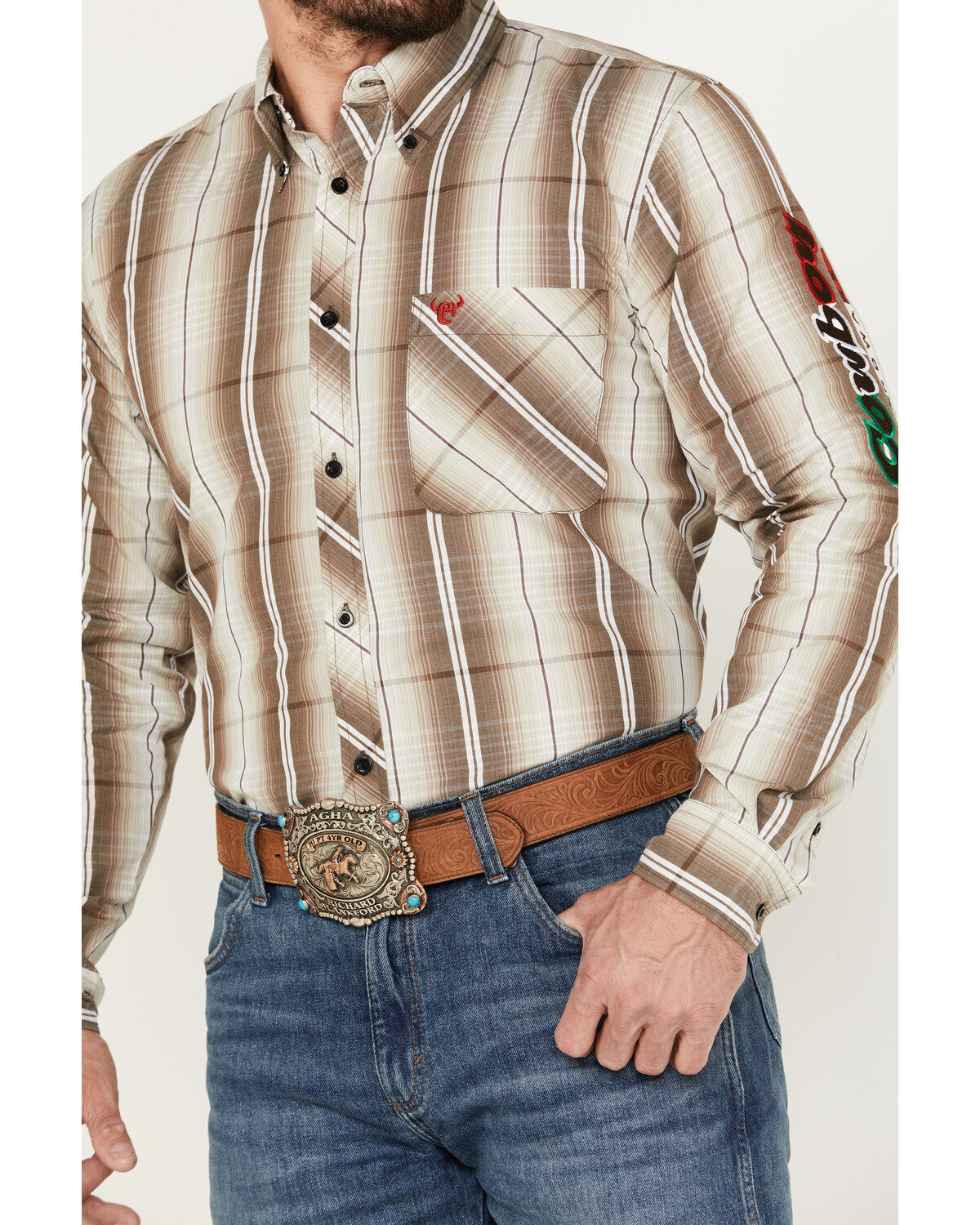 Image #3 - Cowboy Hardware Men's Mexico Gradient Plaid Print Long Sleeve Button Down Western Shirt, Brown, hi-res