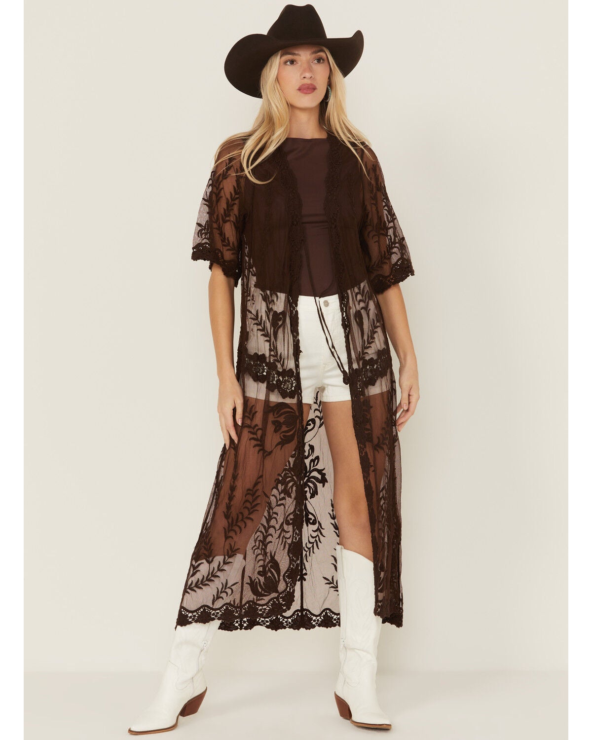 Shyanne Women's Embroidered Mesh Kimono, Dark Brown, hi-res