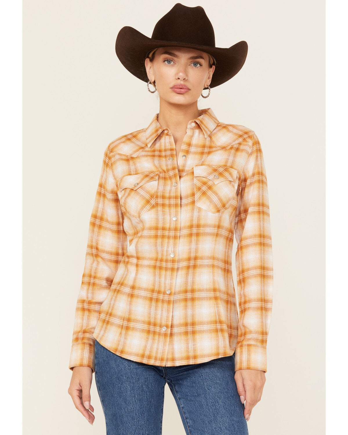 Wrangler Retro Women's Plaid Print Long Sleeve Pearl Snap Flannel Shirt, Yellow, hi-res