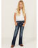 Image #1 - Shyanne Girls' Medium Wash Cowhide Patch Pocket Stretch Bootcut Jeans, Blue, hi-res